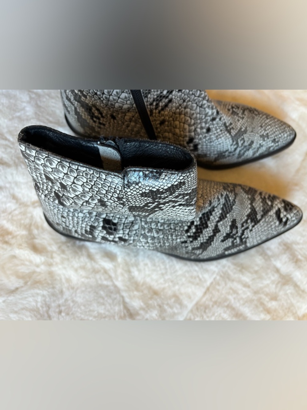 Shyanne Black and White Snakeskin Ankle Boots. Leather and man made